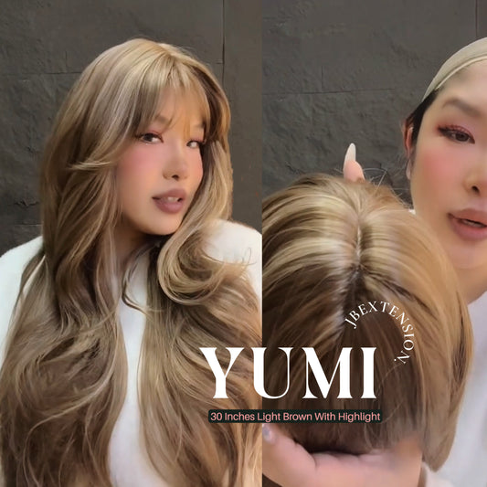 HOT OF SEASON - 30 Inches Long Light Brown With Highlight Wig With Bangs YUMI