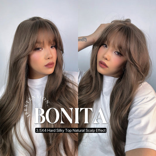 HOT OF SEASON - JBEXTENSION 26 Inches Scalpiana Brown Curly 3.5X4 Hard Silky Top Natural Scalp Effect Wig With Bangs BONITA