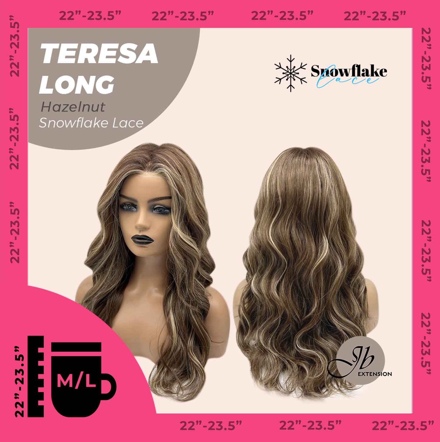 JBEXTENSION 22 Inches Long Hazelnut Pre-Cut Snowflake Lace Frontlace Glueless Wig TERESA LONG HAZELNUT【PERMATEASE】【BENDY EAR TABS】- M/L