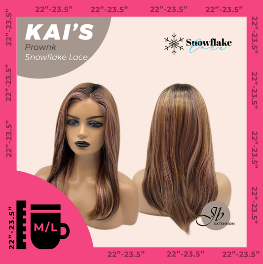 JBEXTENSION 18 Inches Brown with Pink Highlight Pre-Cut Snowflake Lace Frontlace Glueless Wig KAI'S PROWNK【PERMATEASE】【BENDY EAR TABS】- M/L