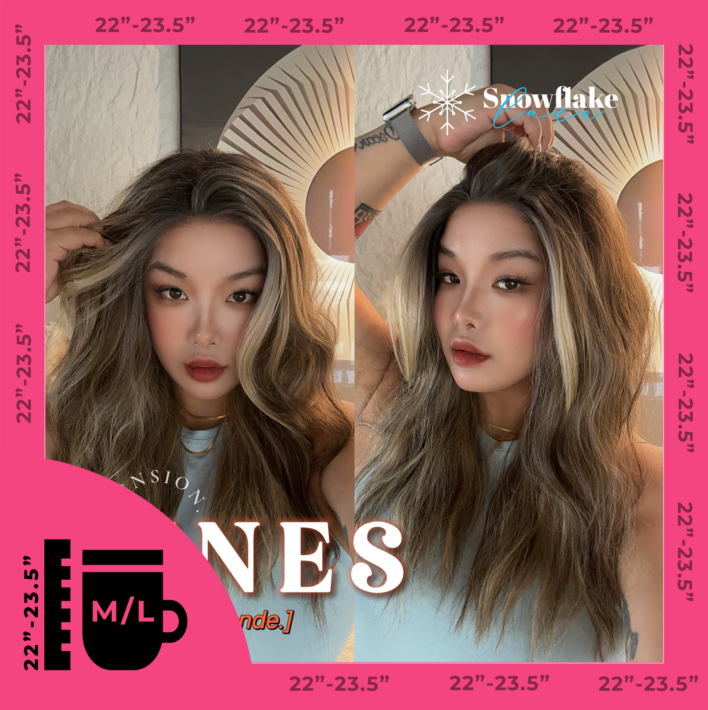 JBEXTENSION 22 Inches Mix Blonde Pre-Cut Snowflake Lace Frontlace Glueless Wig INéS SNOWFLAKE【PERMATEASE】【BENDY EAR TABS】- M/L