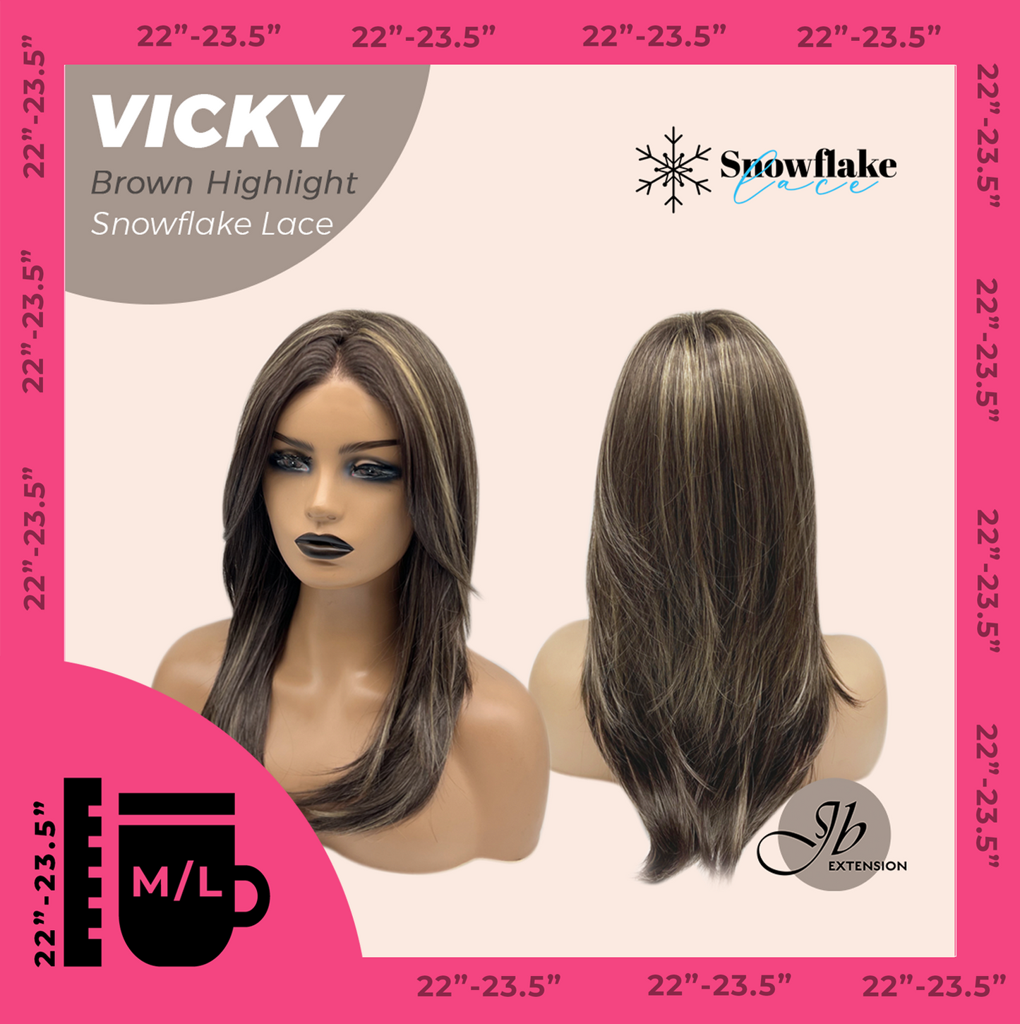 JBEXTENSION 20 Inches Dark Brown with Highlight Pre-Cut Snowflake Lace Frontlace Glueless Wig VICKY BROWN HIGHLIGHT【PERMATEASE】【BENDY EAR TABS】- M/L