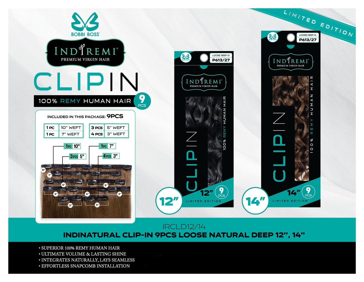 Bobbi Boss Indiremi Clip-In 9 PCS 100% Remy Human Hair Weaving - LOOSE DEEP 12"/14"