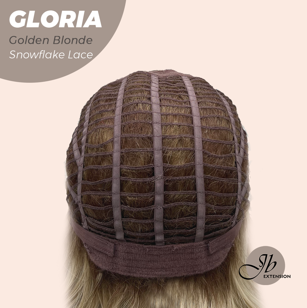 JBEXTENSION 14 Inches Curly Golden Blonde Wig with Bangs Pre-Cut T Part Snowflake Lace Frontlace Glueless Wig GLORIA GOLDEN BLONDE