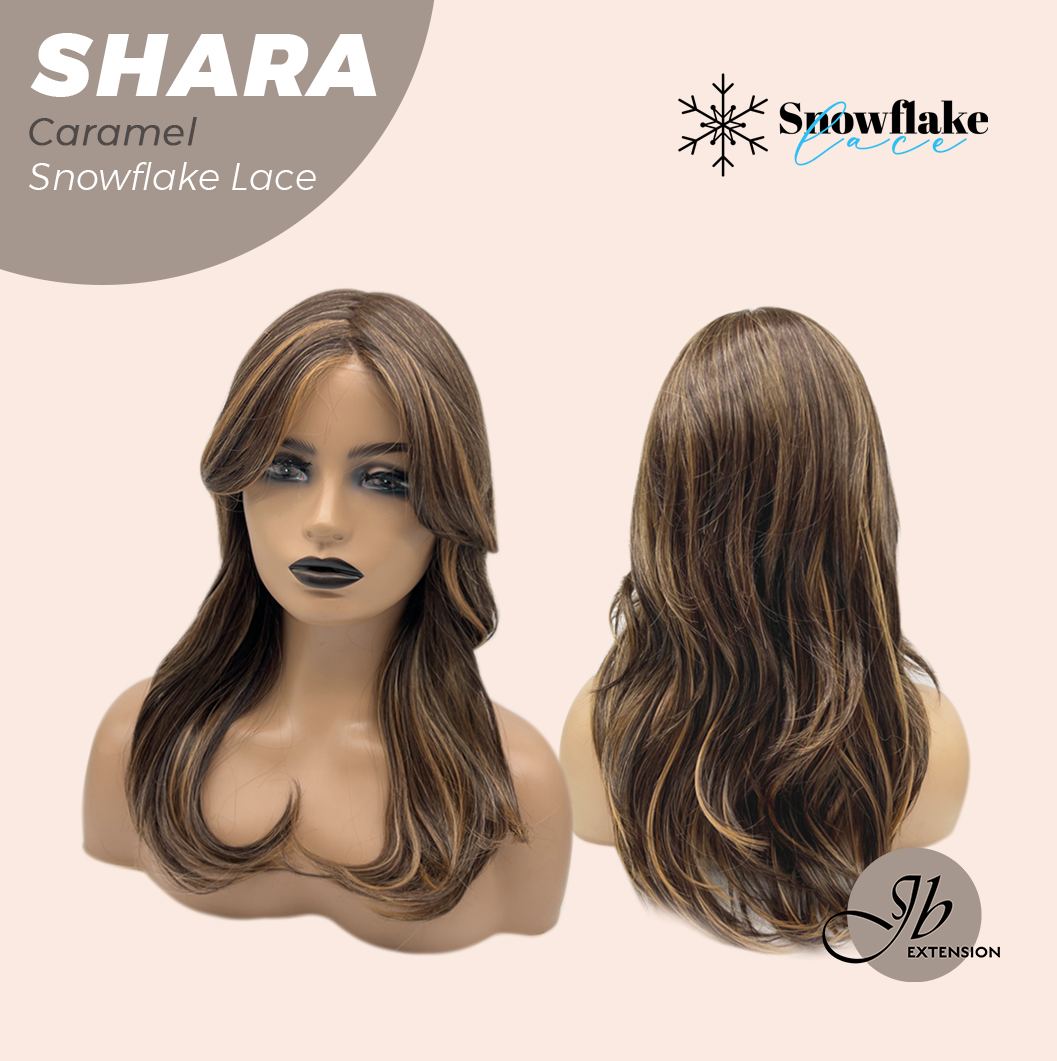 JBEXTENSION 17 Inches Curly Caramel Pre-Cut T Part Snowflake Lace Frontlace Glueless Wig SHARA CARAMEL【BENDY EAR TABS】
