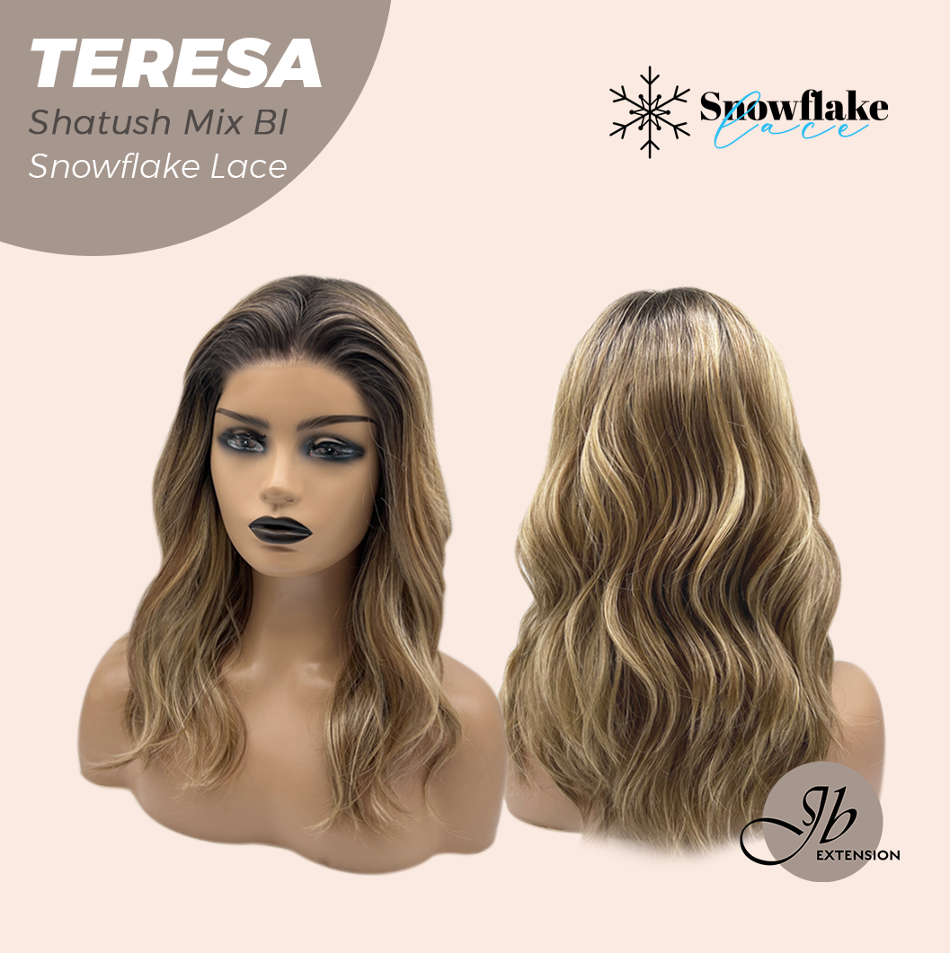 JBEXTENSION 18 Inches Shatush Mix Blonde Pre-Cut Snowflake Lace Frontlace Glueless Wig TERESA SHATUSH MIX BLONDE【PERMATEASE】【BENDY EAR TABS】- S/M