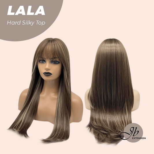 JBEXTENSION 25 Inches Scalpiana Brown with Blonde Highlight 3.5X4 Hard Silky Top Natural Scalp Effect Wig With Bangs LALA