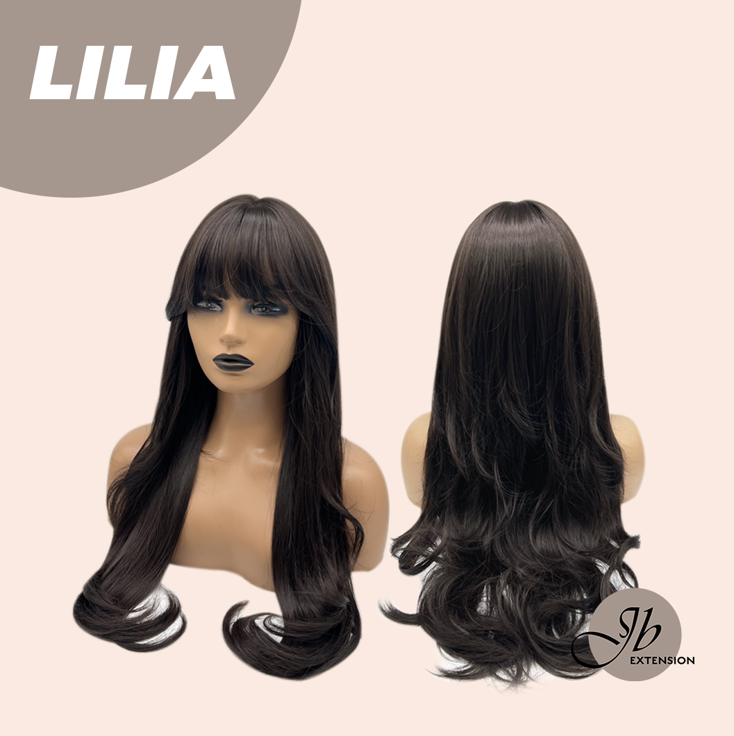 JBEXTENSION 26 Inches Long Curly Midnight Brown( Black/Brown) Wig with Bangs LILIA