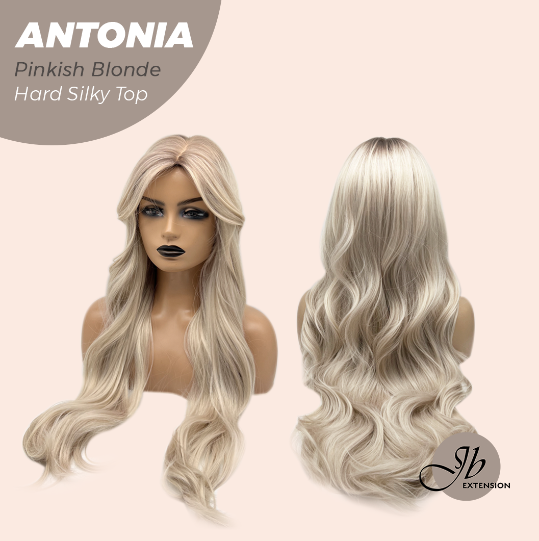 JBEXTENSION 28 Inches Scalpiana Long Curly Pinkish Blonde 3.5X4 Hard Silky Top Natural Scalp Effect Wig ANTONIA PINKISH BLONDE