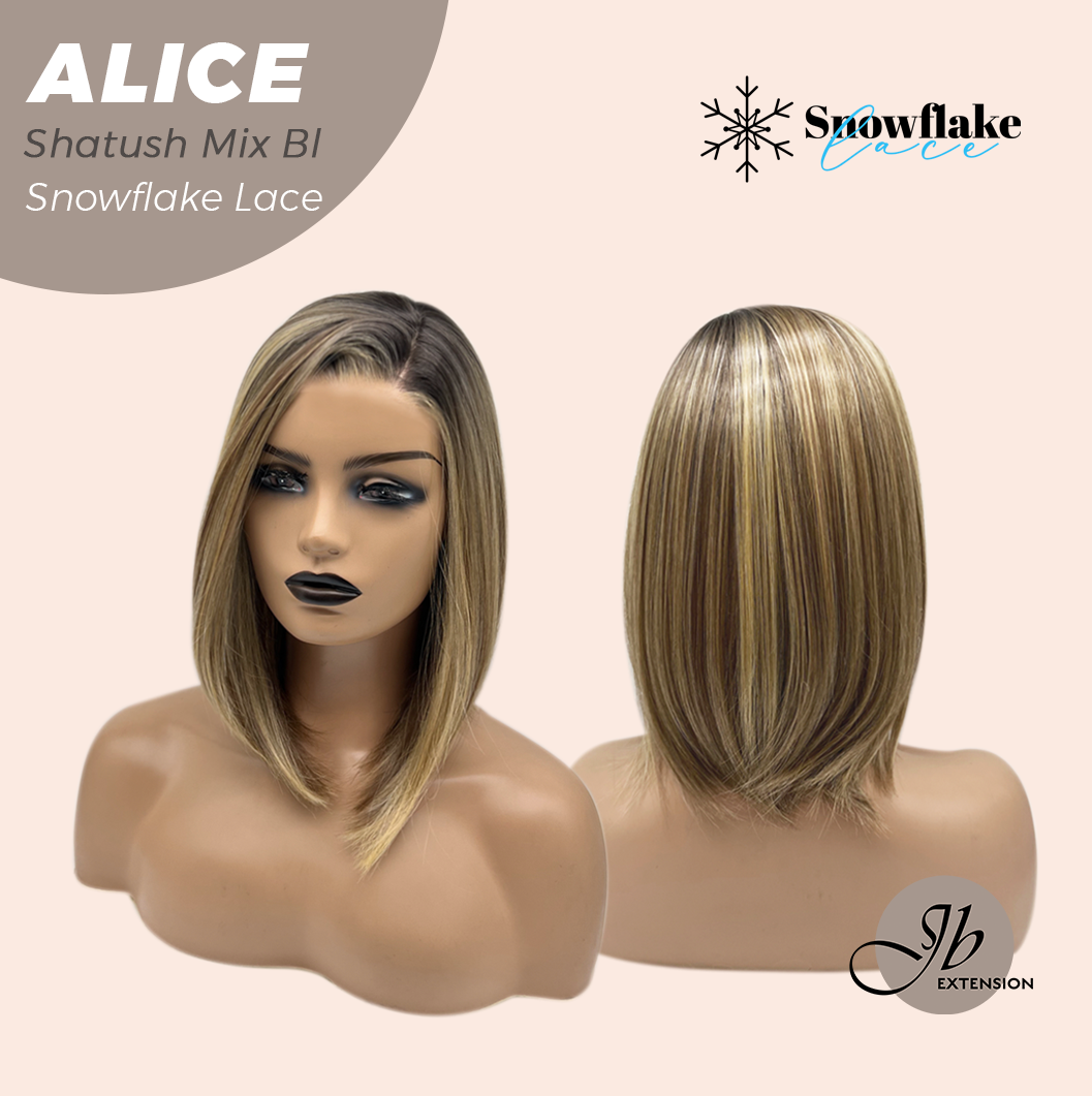 JBEXTENSION 12 Inches Shatush Mix Blonde Pre-Cut Side Part Snowflake Lace Frontlace Glueless Wig ALICE SHATUSH MIX BLONDE【BENDY EAR TABS】- S/M