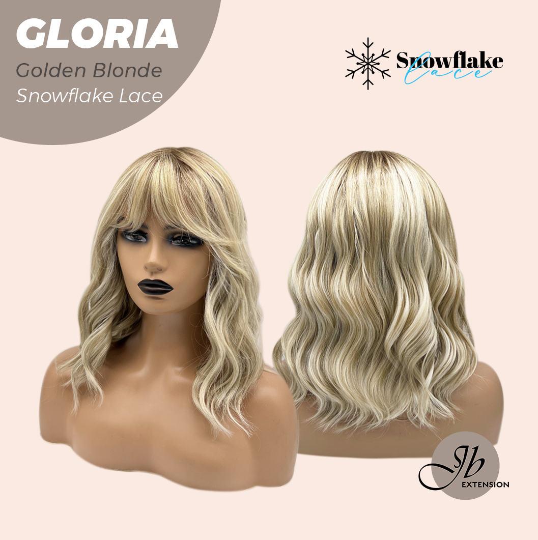 JBEXTENSION 14 Inches Curly Golden Blonde Wig with Bangs Pre-Cut T Part Snowflake Lace Frontlace Glueless Wig GLORIA GOLDEN BLONDE