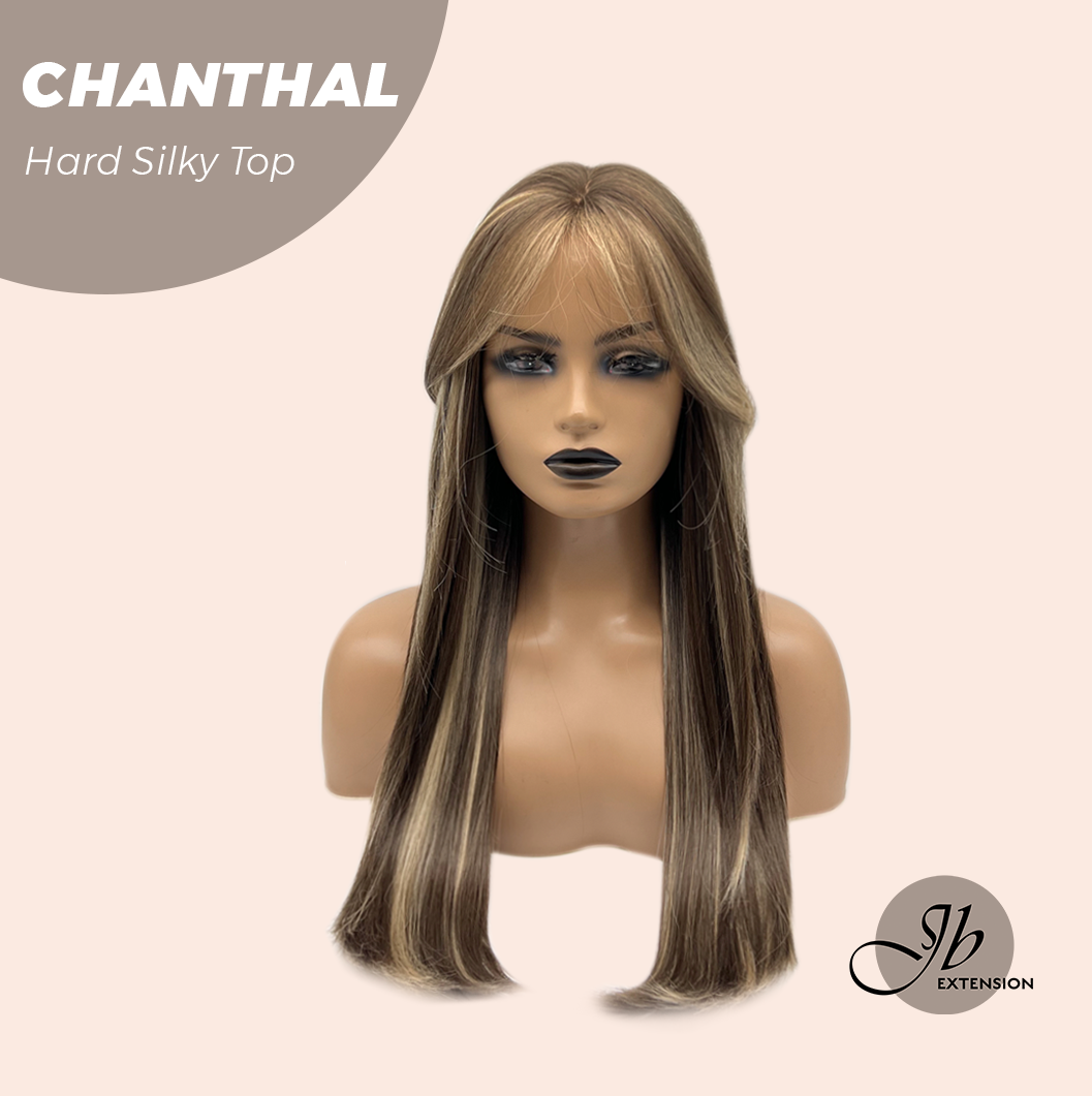 JBEXTENSION 25 Inches Scalpiana Brown with Blonde Highlight 3.5X4 Hard Silky Top Natural Scalp Effect Wig With Bangs CHANTHAL