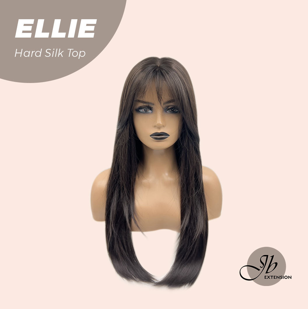 Nichole's Selection - 26 Inches Scalpiana Tea Black Darkest Brown Wolf Cut 3.5X4 Hard Silky Top Natural Scalp Effect Wig With Bangs ELLIE SILK TOP