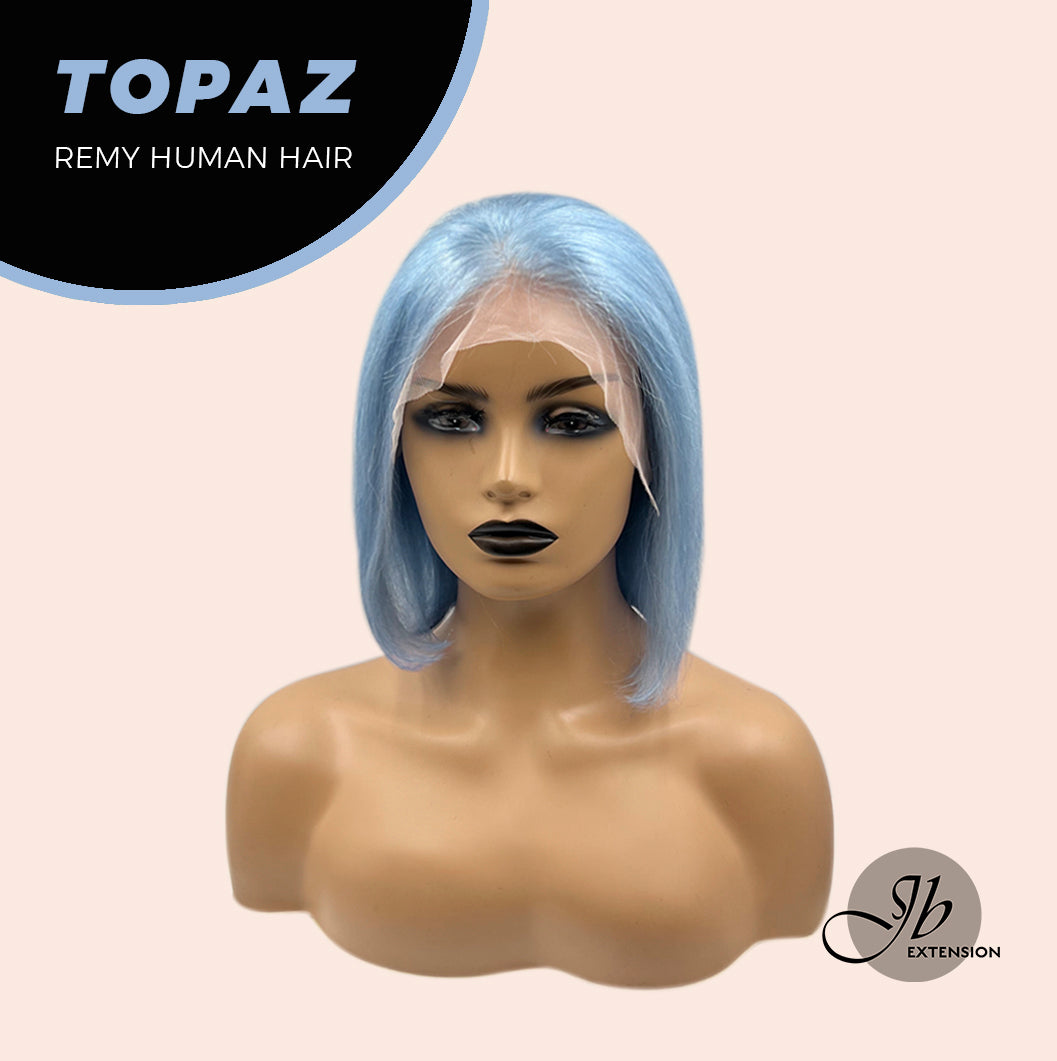 JBEXTENSION GEMSTONE COLLECTION 12 Inches Real Human Hair Light Blue Bob Cut Free Parting Wig TOPAZ