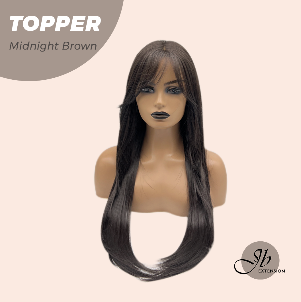 JBEXTENSION 28 Inches T Part Pre-Cut Frontlace Topper Clip in Synthetic Fiber Long Straight Topper Hair Piece Hair with Bangs for Women Clip in Top Crown Hair Clip on Toupee Hairpiece for Slight Hair Loss/Thinning Hair