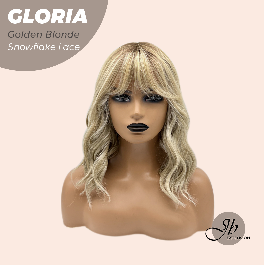 JBEXTENSION 14 Inches Curly Golden Blonde Wig with Bangs Pre-Cut T Part Snowflake Lace Frontlace Glueless Wig GLORIA GOLDEN BLONDE