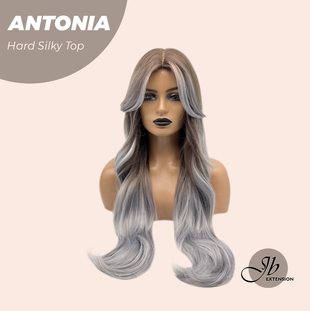 JBEXTENSION 28 Inches Scalpiana Long Curly Light Brown with Grey Highlight 3.5X4 Hard Silky Top Natural Scalp Effect Wig ANTONIA