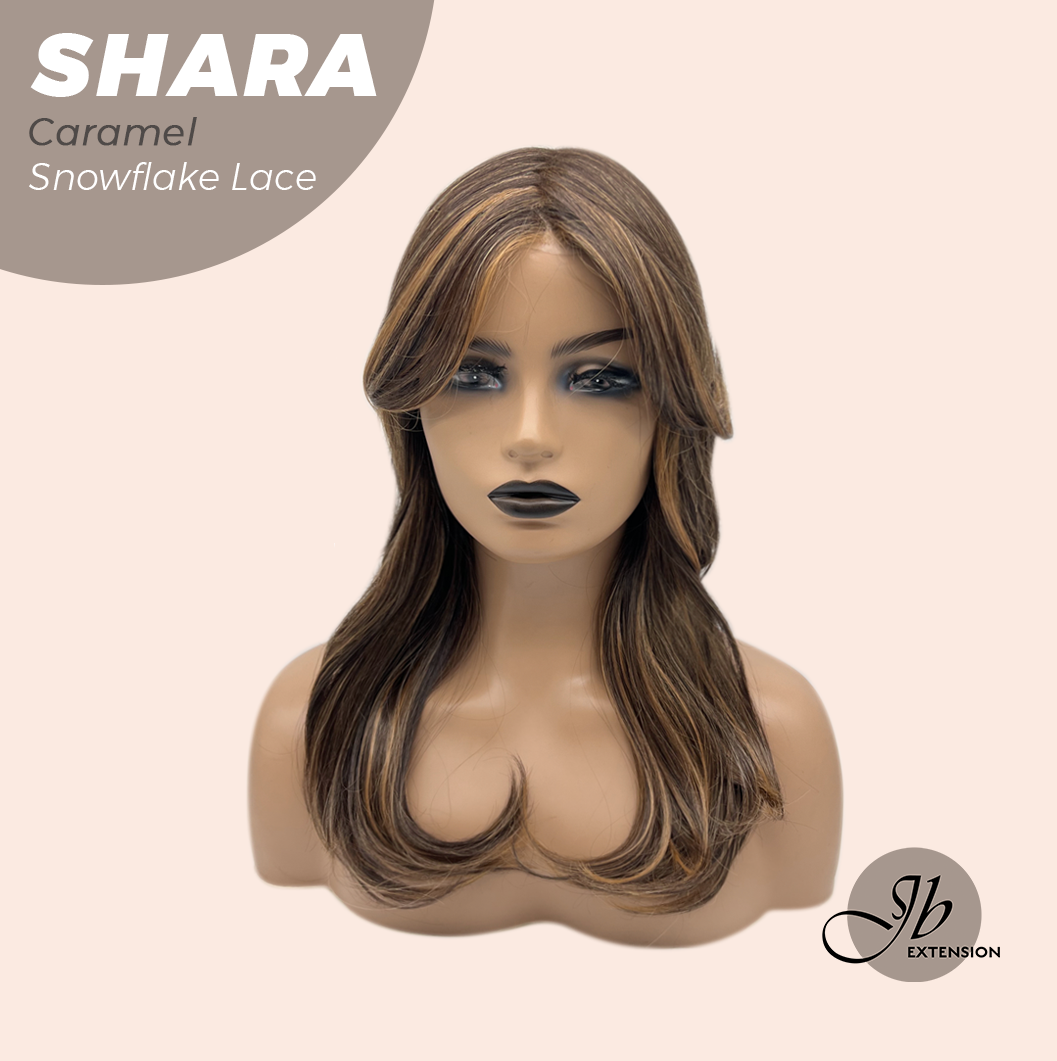 JBEXTENSION 17 Inches Curly Caramel Pre-Cut T Part Snowflake Lace Frontlace Glueless Wig SHARA CARAMEL【BENDY EAR TABS】