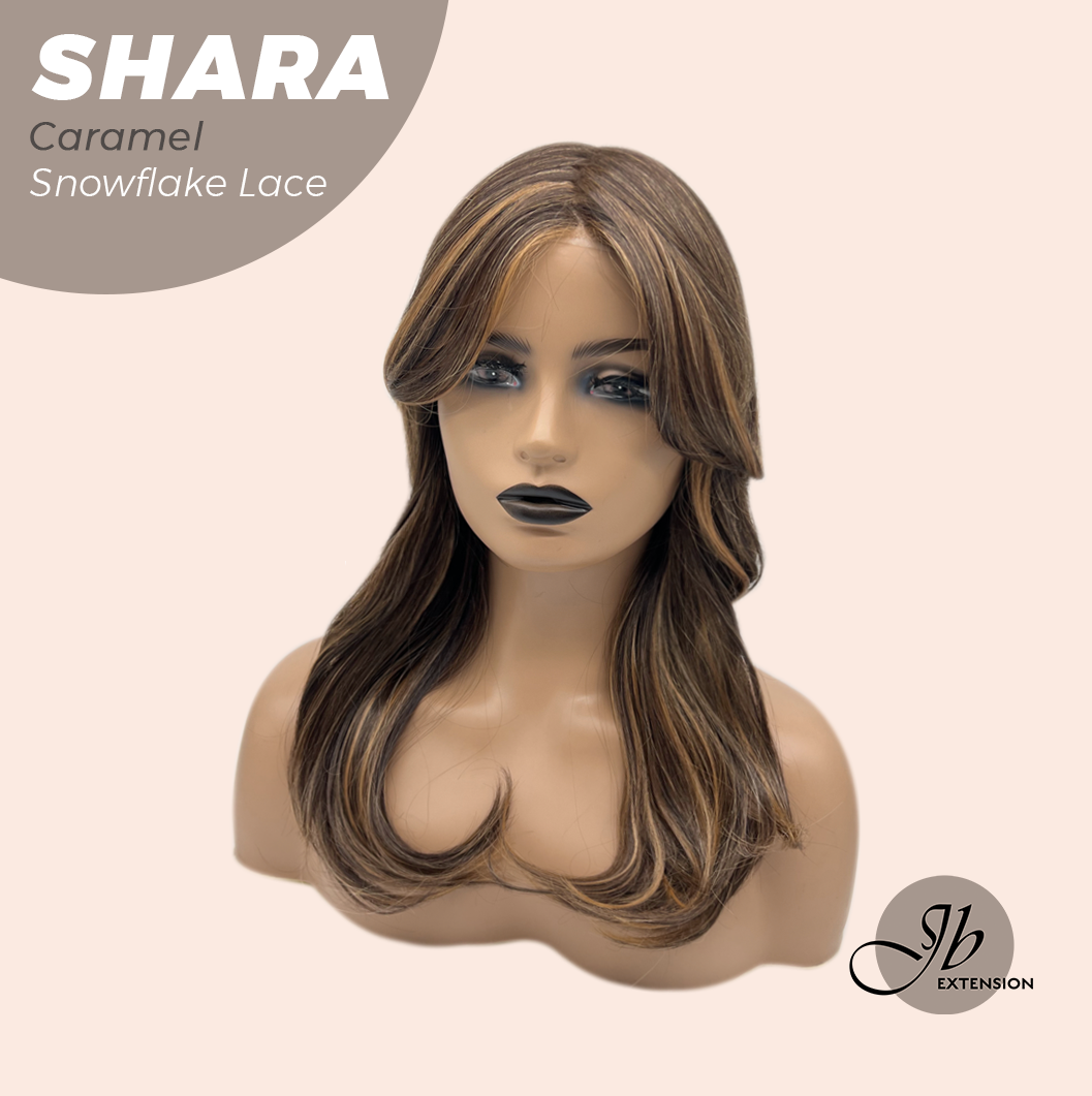 JBEXTENSION 17 Inches Curly Caramel Pre-Cut T Part Snowflake Lace Frontlace Glueless Wig SHARA CARAMEL【BENDY EAR TABS】