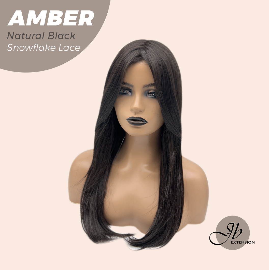 JBEXTENSION 21 Inches Straight Natural Black Pre-Cut T Part Snowflake Lace Frontlace Glueless Wig AMBER NATURAL BLACK【BENDY EAR TABS】