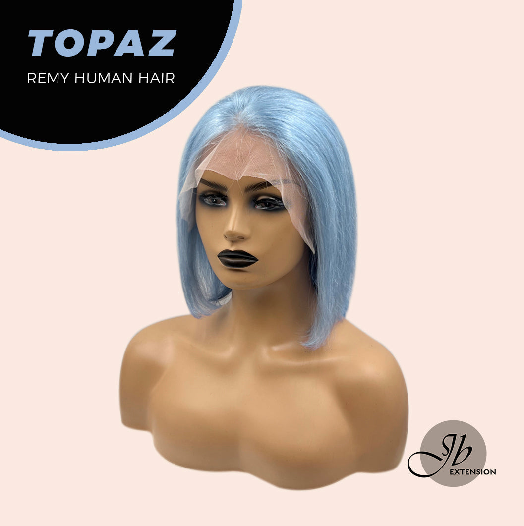 JBEXTENSION GEMSTONE COLLECTION 12 Inches Real Human Hair Light Blue Bob Cut Free Parting Wig TOPAZ