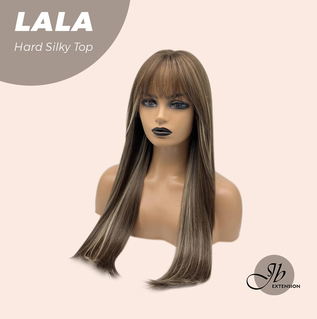 JBEXTENSION 25 Inches Scalpiana Brown with Blonde Highlight 3.5X4 Hard Silky Top Natural Scalp Effect Wig With Bangs LALA