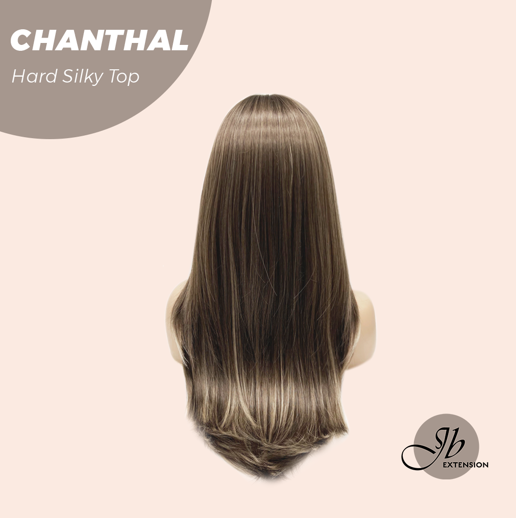 JBEXTENSION 25 Inches Scalpiana Brown with Blonde Highlight 3.5X4 Hard Silky Top Natural Scalp Effect Wig With Bangs CHANTHAL