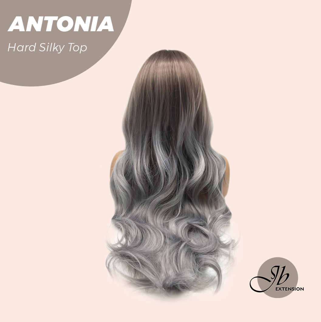 JBEXTENSION 28 Inches Scalpiana Long Curly Light Brown with Grey Highlight 3.5X4 Hard Silky Top Natural Scalp Effect Wig ANTONIA