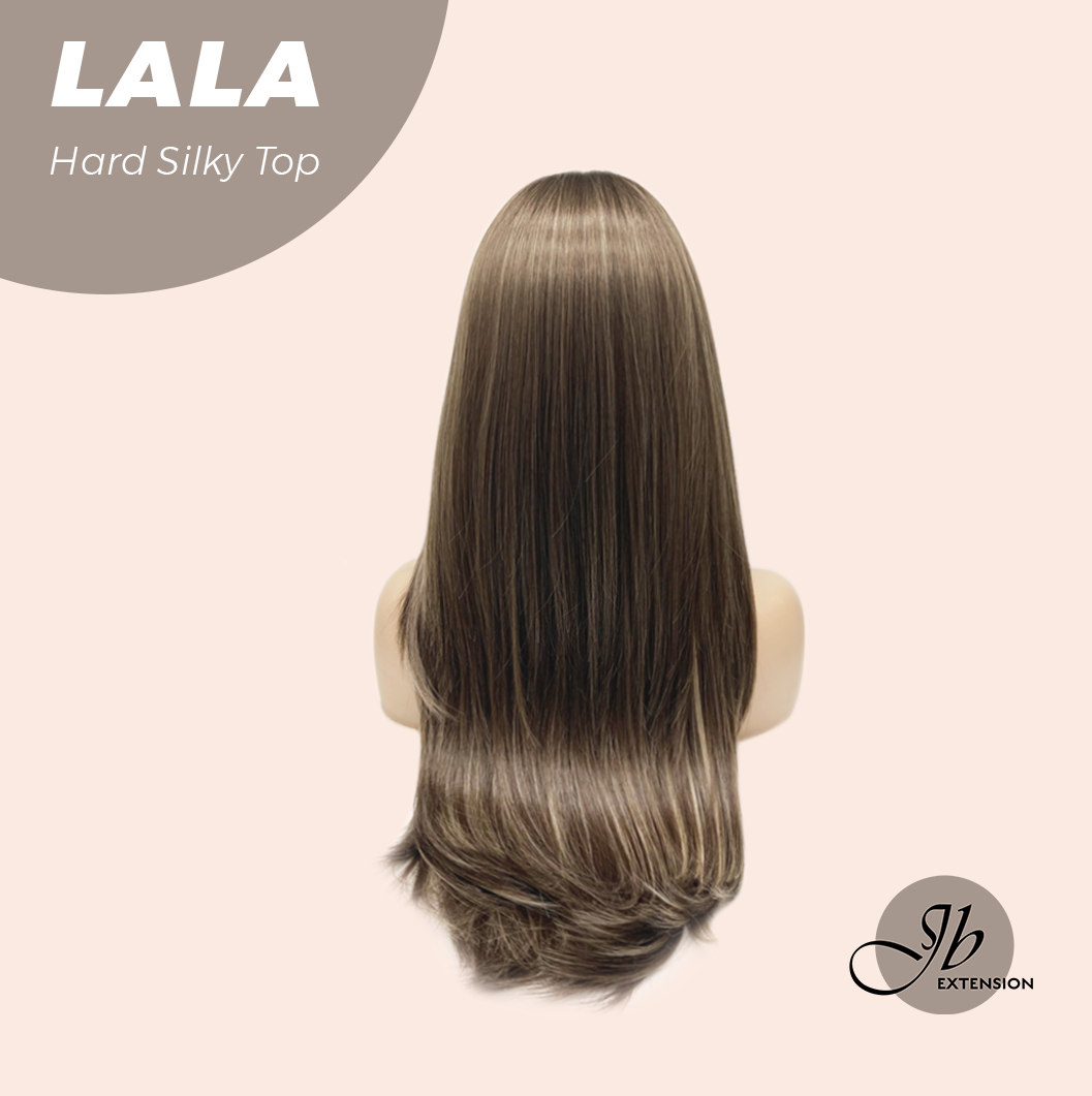 JBEXTENSION 25 Inches Scalpiana Brown with Blonde Highlight 3.5X4 Hard Silky Top Natural Scalp Effect Wig With Bangs LALA