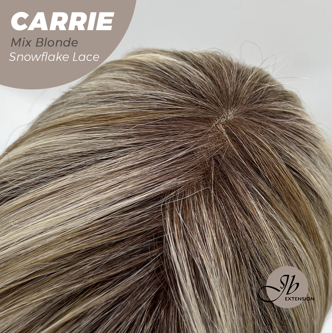JBEXTENSION 11 Inches Short Hair Mix Blonde Pre-Cut T Part Snowflake Lace Frontlace Glueless Wig with Bangs CARRIE MIX BLONDE【BENDY EAR TABS】