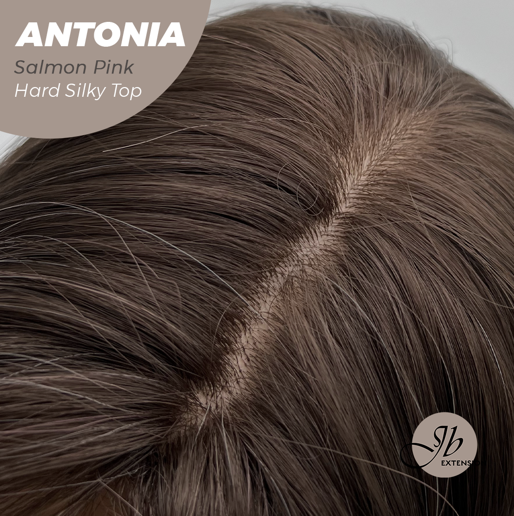 JBEXTENSION 28 Inches Scalpiana Long Curly Salmon Pink 3.5X4 Hard Silky Top Natural Scalp Effect Wig ANTONIA SALMON PINK