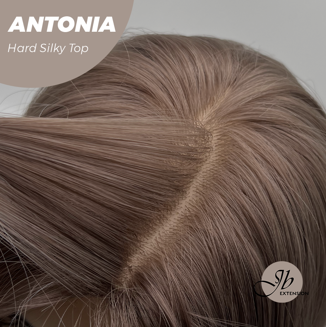 JBEXTENSION 28 Inches Scalpiana Long Curly Light Brown with Grey Highlight 3.5X4 Hard Silky Top Natural Scalp Effect Wig ANTONIA