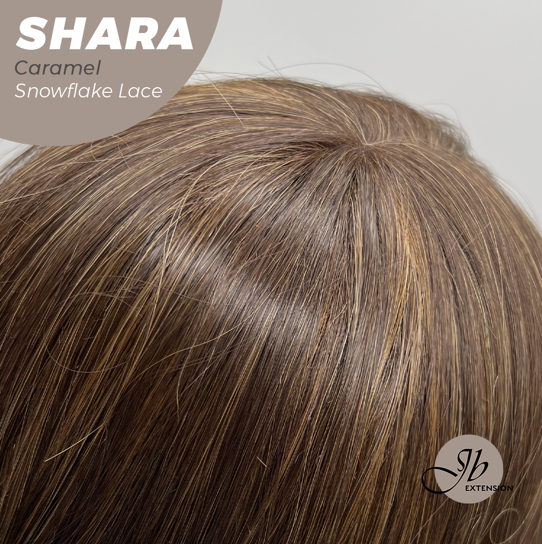 JBEXTENSION 17 Inches Curly Caramel Pre-Cut T Part Snowflake Lace Frontlace Glueless Wig SHARA CARAMEL【BENDY EAR TABS】
