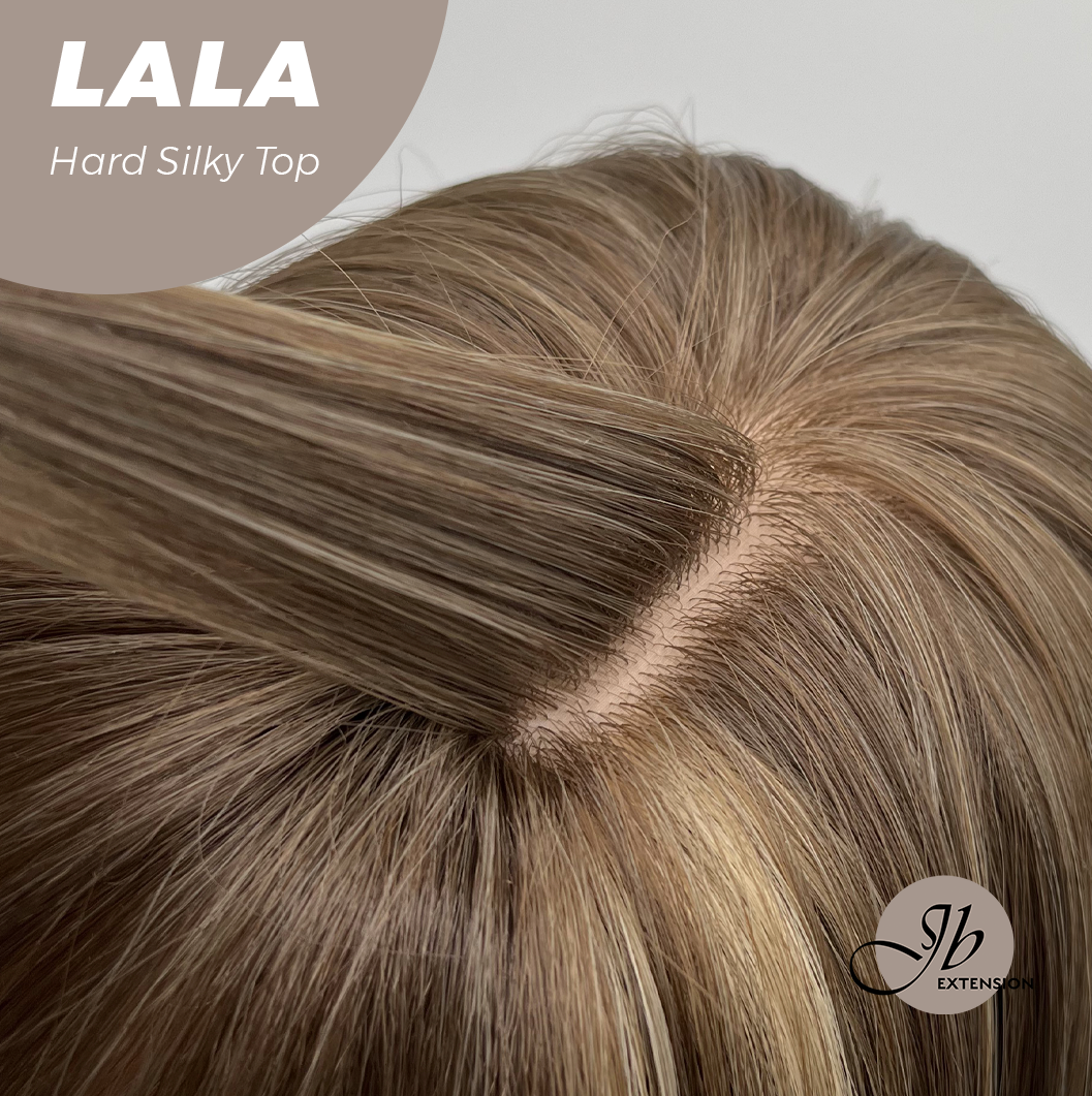 JBEXTENSION 25 Inches Scalpiana Brown with Blonde Highlight 3.5X4 Hard Silky Top Natural Scalp Effect Wig With Bangs LALA