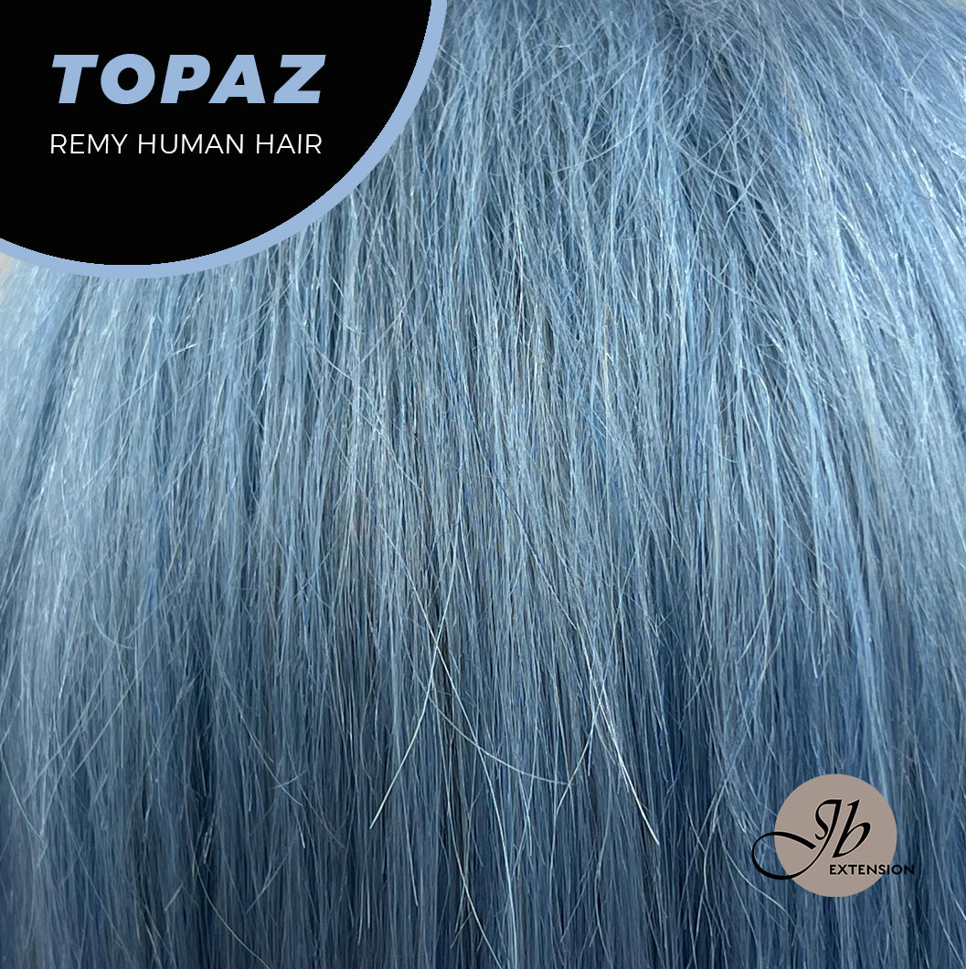 JBEXTENSION GEMSTONE COLLECTION 12 Inches Real Human Hair Light Blue Bob Cut Free Parting Wig TOPAZ