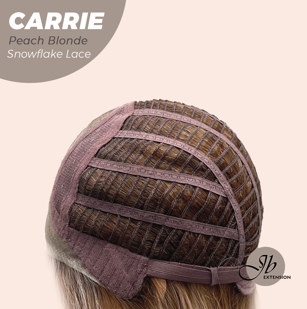 JBEXTENSION 11 Inches Short Hair Peach Blonde Pre-Cut T Part Snowflake Lace Frontlace Glueless Wig with Bangs CARRIE PEACH BLONDE【BENDY EAR TABS】