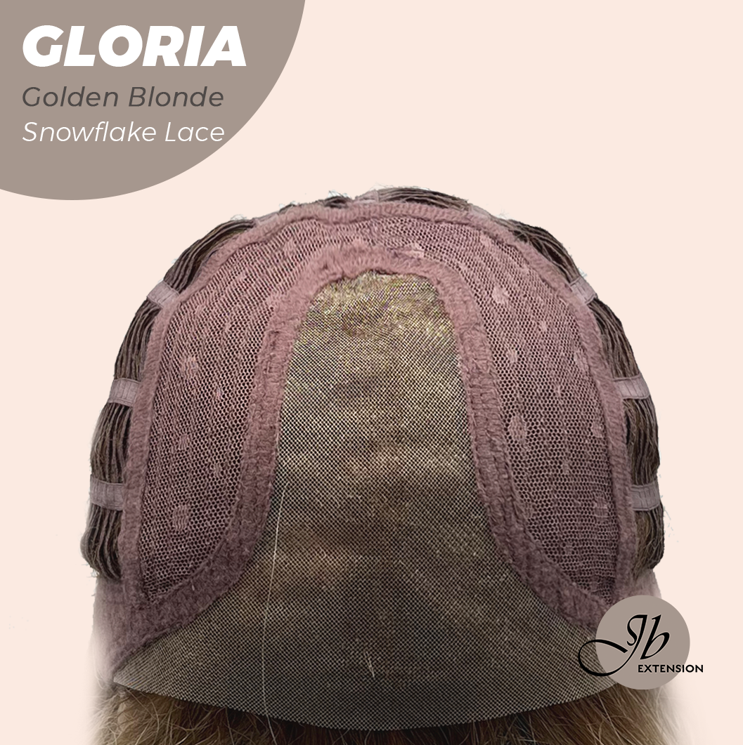 JBEXTENSION 14 Inches Curly Golden Blonde Wig with Bangs Pre-Cut T Part Snowflake Lace Frontlace Glueless Wig GLORIA GOLDEN BLONDE