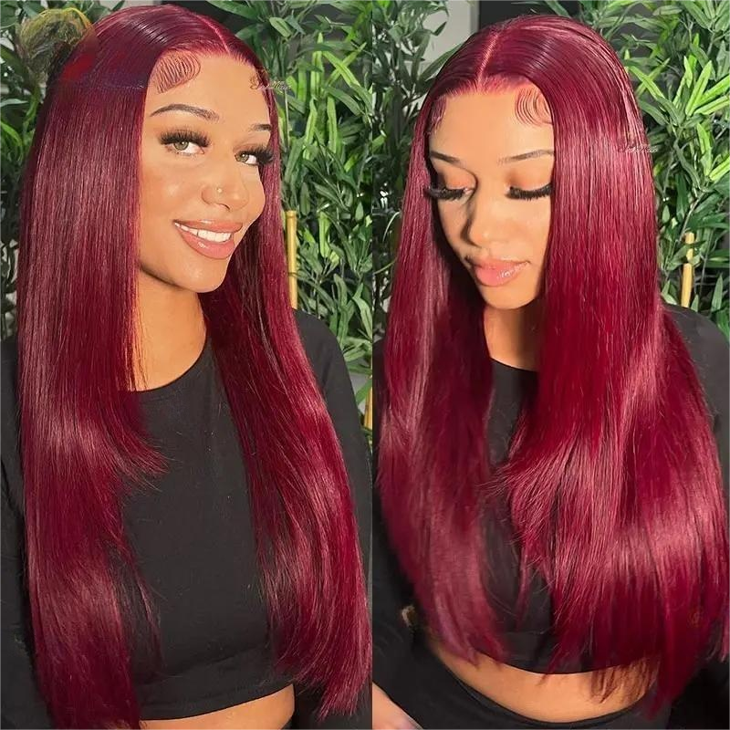 99J Burgundy Color Glueless 5x5 HD Lace Closure Wigs Human Hair 180% Density
