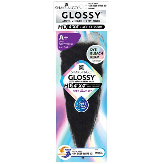 Shake N Go Glossy 100% Virgin Remy Hair HD 4x4 Hand-Tied Lace Closure - DEEP WAVE 12 - Wet & Wavy