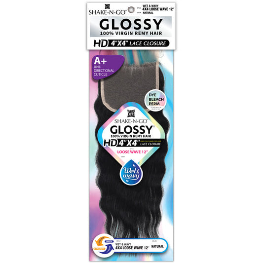 Shake N Go Glossy 100% Virgin Remy Hair A+ Wet & Wavy HD 4x4 Lace Closure - LOOSE WAVE 12"