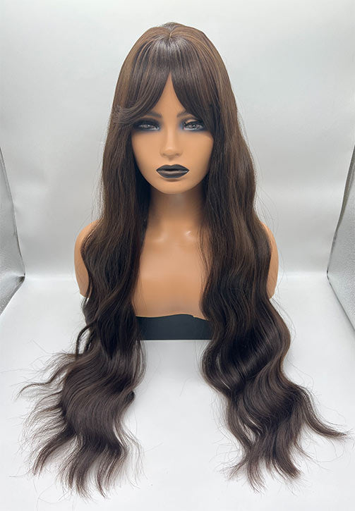 JBEXTENSION 32 Inches Extra Long Body Wave Nature Brown Wig With Bangs JOLIN