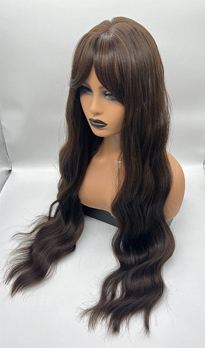 JBEXTENSION 32 Inches Extra Long Body Wave Nature Brown Wig With Bangs JOLIN