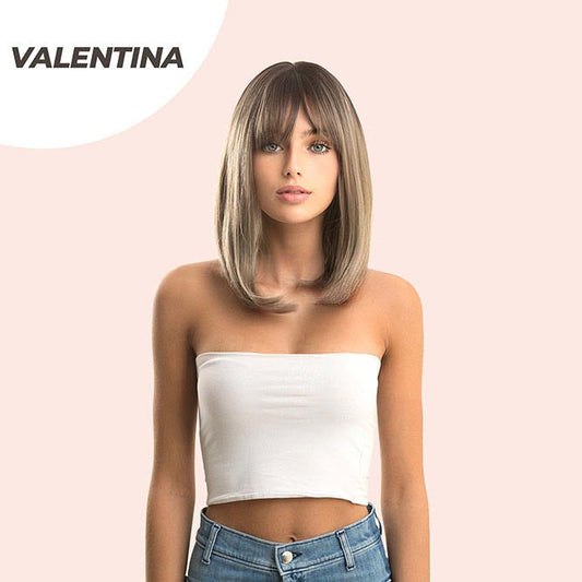 JBEXTENSION 16 Inches Short Bob Ombre Brown Ash Blonde Wig With Bangs VALENTINA