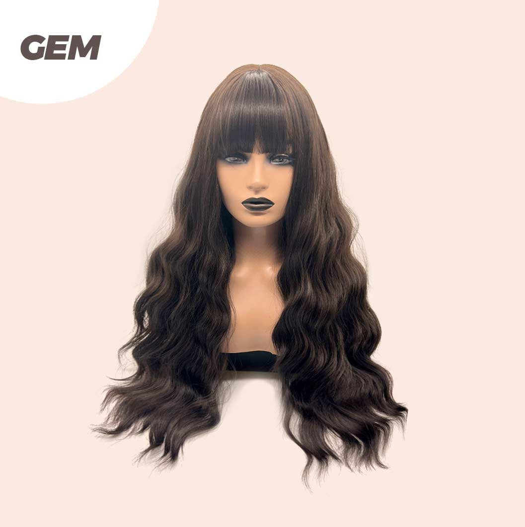 JBEXTENSION 28 Inches Long Body Wave Dark Brown Wig With Bangs GEM