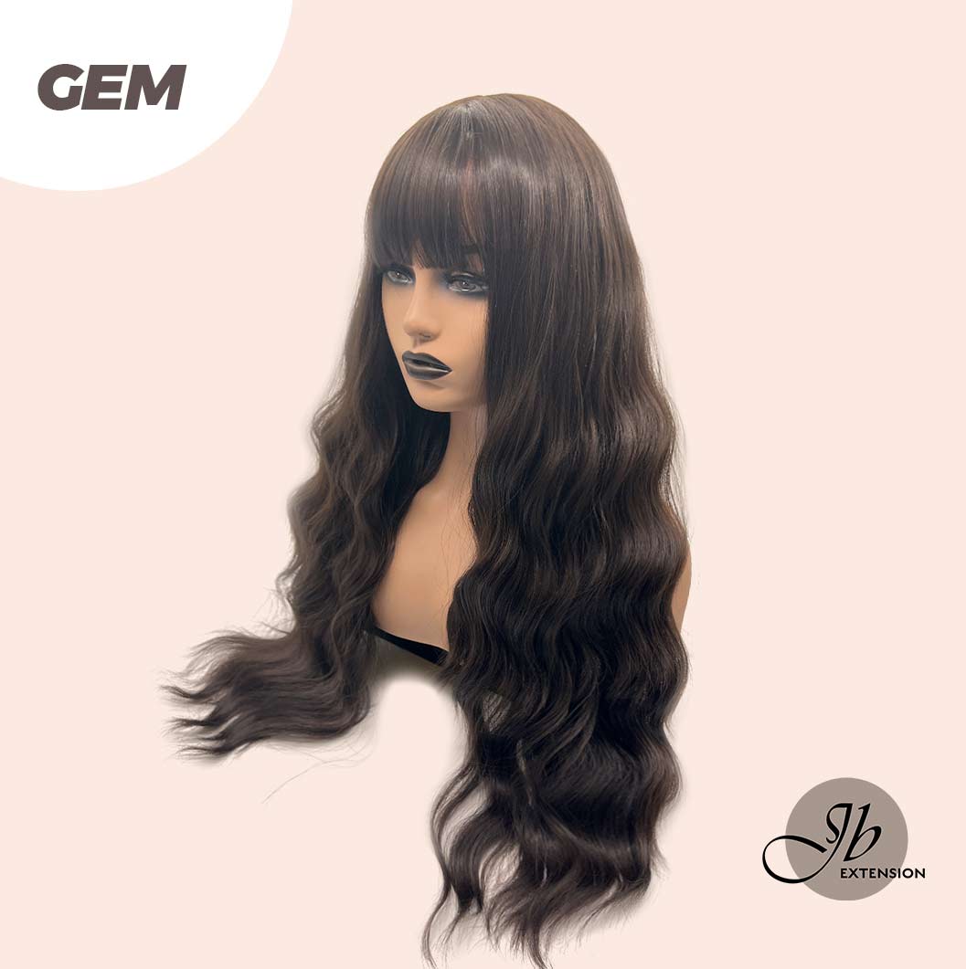 JBEXTENSION 28 Inches Long Body Wave Dark Brown Wig With Bangs GEM
