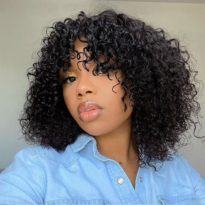 Curly Short Bob Wig With Bangs None Lace Full Machinemade Human Hair Wigs Glueless Beginner Friendly