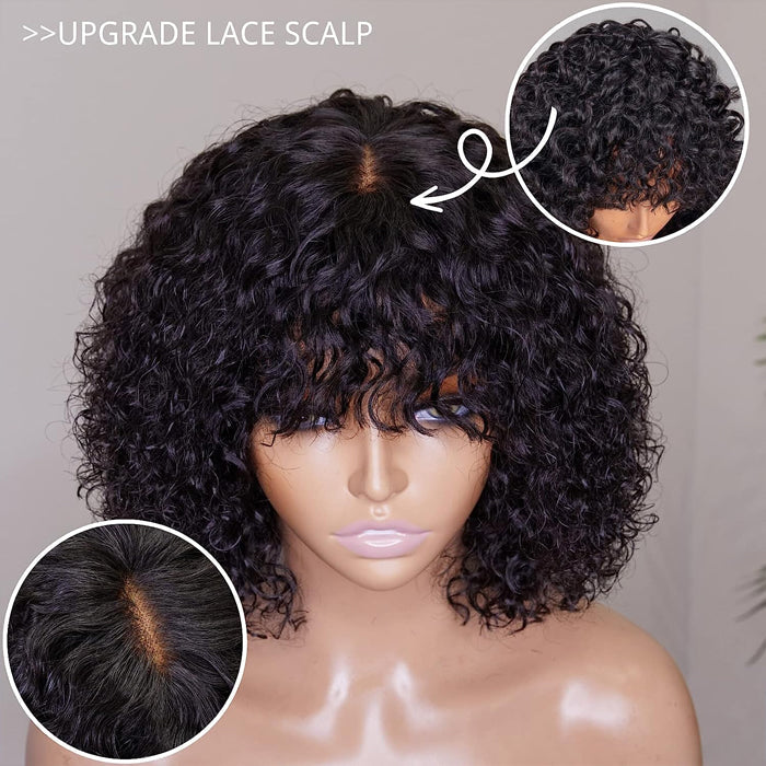 Glueless Top 2x4 Lace Curly Short Bob Wig With Bangs Human Hair Wigs Beginner Friendly