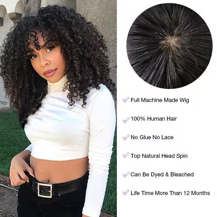 Curly Short Bob Wig With Bangs None Lace Full Machinemade Human Hair Wigs Glueless Beginner Friendly