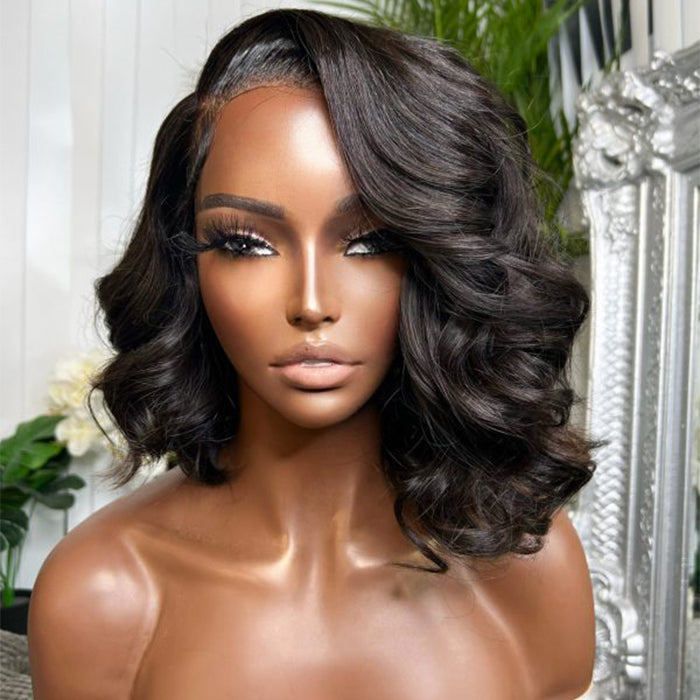Asymmetrical Side Part Bob Wigs Body Wave Glueless HD Lace Front Wigs 220% Density