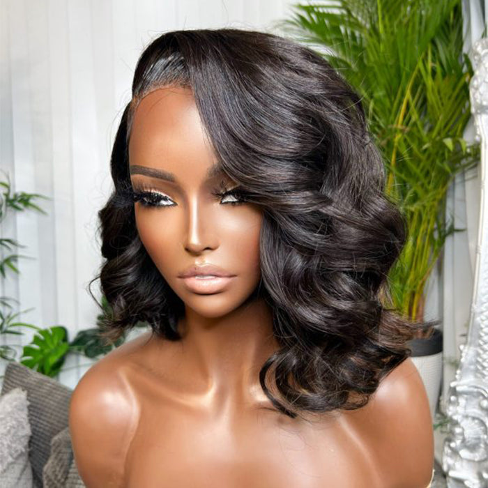 Asymmetrical Side Part Bob Wigs Body Wave Glueless HD Lace Front Wigs 220% Density